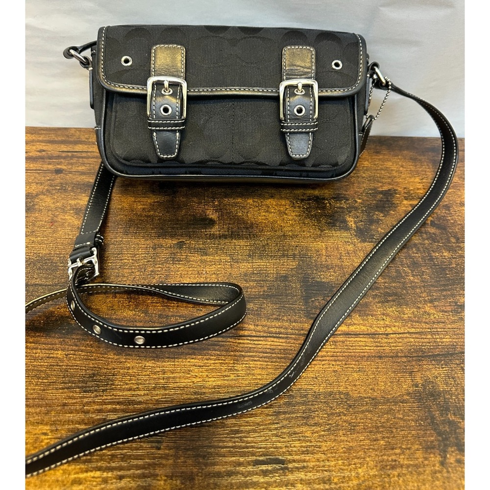 Coach Signature Mini Field Bag Black Jacquard Leather Crossbody Y2K Logo 6844 - Picture 3 of 16